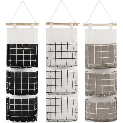 Set di 3 borse portaoggetti da appendere con 3 tasche, cestino organizer in tessuto da parete per camera da letto, bagno e cucina - Impermeabile ed elegante (nero/grigio/bianco)