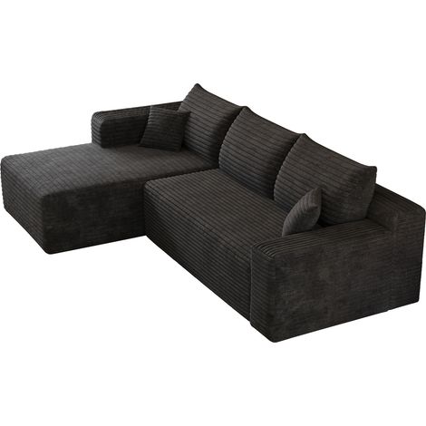 Canapé d'angle en velours côtelé noir 241 cm, design minimaliste moderne, confortable avec assise profonde, montage sans outil (1/5)