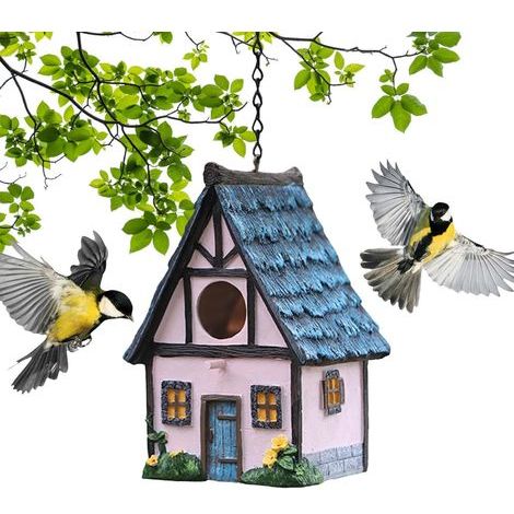 Casita para pájaros de resina con forma de tren, casita colgante para exteriores e impermeable, casita decorativa para colibríes. (1/5)