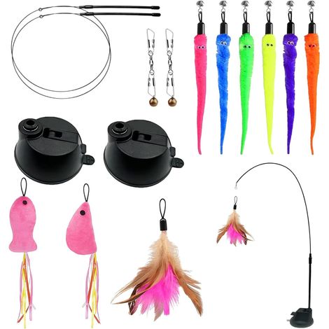 15PCS Sets Jouet à Plumes pour Chats, Plumes Baguette Magique Jouets pour Chats Intérieur, Canne à Pêche pour Chaton Interactif avec Ventouse (1/5)
