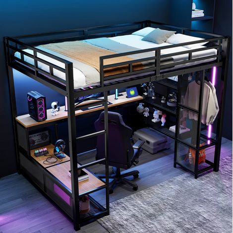 Cama alta de metal (208x148x170 cm), con escritorio, estantería de 3 niveles y armario abierto, MDF y metal negro (1/5)