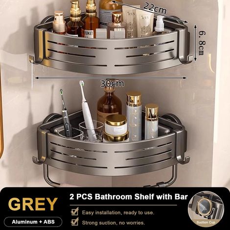 (gris-S-2) Étagère de douche triangulaire avec crochets à ventouses, sans perçage, organisateur de salle de bain, étagère d'angle en aluminium pour shampoing et savon, rangement de cuisine (1/5)