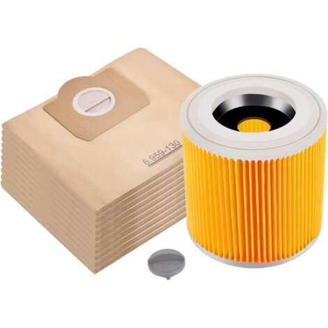 Lot de 10 sacs d'aspirateur + 1 filtre pour Kärcher WD3 et MV3 remplacement pour 6.959-130.0 (sac) & 6.414-552.0 (filtre à cartouche) (1/5)