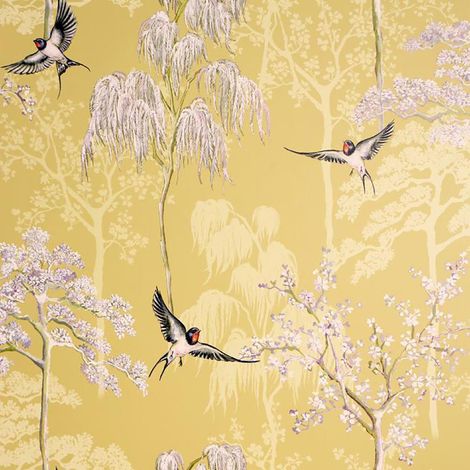 Arthouse Japanese Garden Wallpaper Ochre Yellow Lilac Birds Blossom Tree