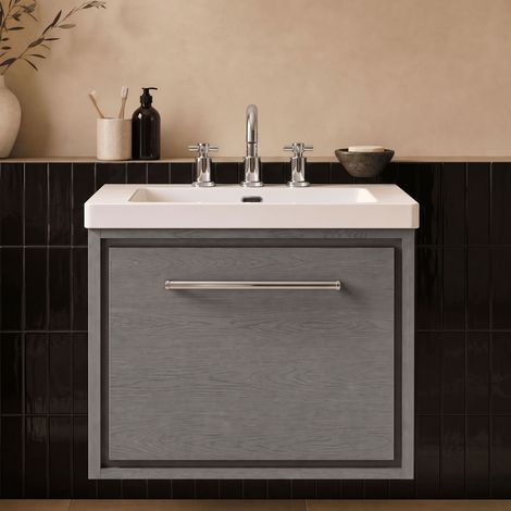 Hudson Reed Lille Wall Hung 1-Drawer Vanity Unit with 3TH Contemporary Basin 600mm Wide - Coastal Grey (1/5)