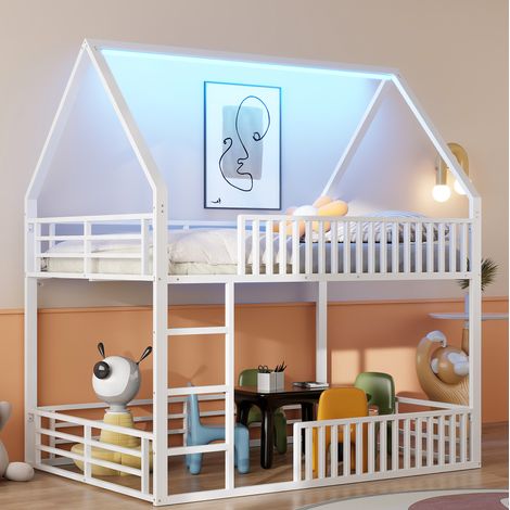 Cama alta 140x200 cm blanca de metal con estructura de casa, barandilla y luz LED (1/5)
