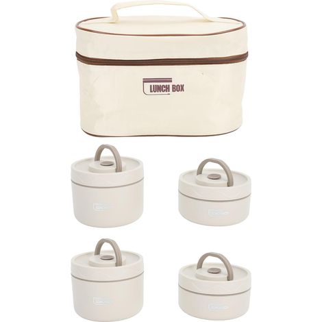 4 Boîte à Lunch, Acier Inoxydable 304, Couvercle Hermétique, Sac Isotherme, Béige, Bureau École Pique-nique