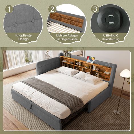 Canapé convertible gris lin 90x200cm, design extensible multifonction avec prises USB et Type C, étagères intégrées, sommier inclus (matelas non fourni) (1/4)