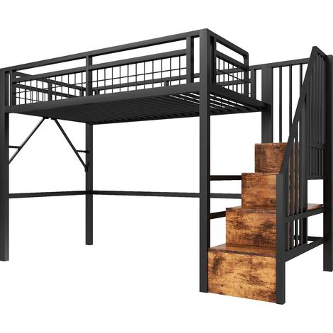 Cama alta infantil 90 x 200 cm de metal y MDF con LED y escalera con almacenaje, negra (1/5)