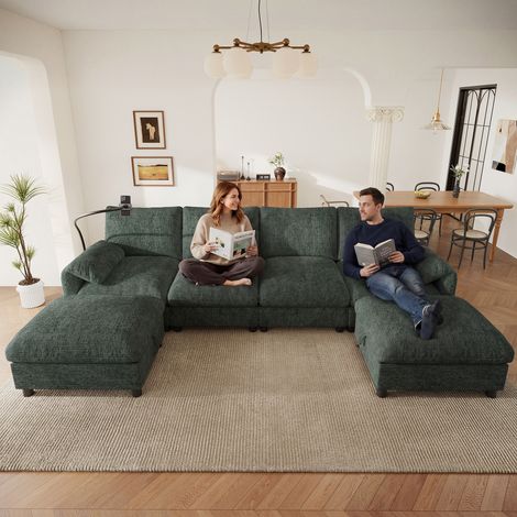 Modulares U‑/L‑förmiges Ecksofa mit 6 Sitzen, zwei Stauraum‑Hockern, USBTypeCLadeanschluss, Handyhalter und kissenartigen Armlehnen aus Chenille‑Stoff, Green (1/5)