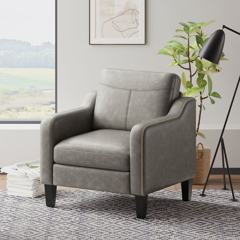 COLAMY Moderner Beistellsessel aus PU im Mid-Century-Stil mit seitlicher Aufbewahrung, ergonomischer Komfort für Wohnzimmer und Büro, Grau (1/5)