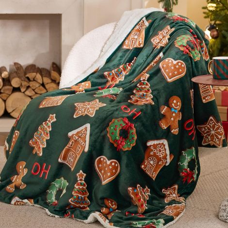 Plaid de Noël Sherpa 127 x 152 cm - Doux et chaud, motif pain d'épice 3D, couverture décorative en peluche pour canapé, lit et cadeau de Noël (1/5)