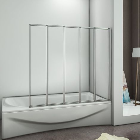 120x140cm Parete Vasca Da Bagno 5 Ante Pieghevole a Libro Vetro Temperato Trasparente 4 mm Profilo Argento Opaco