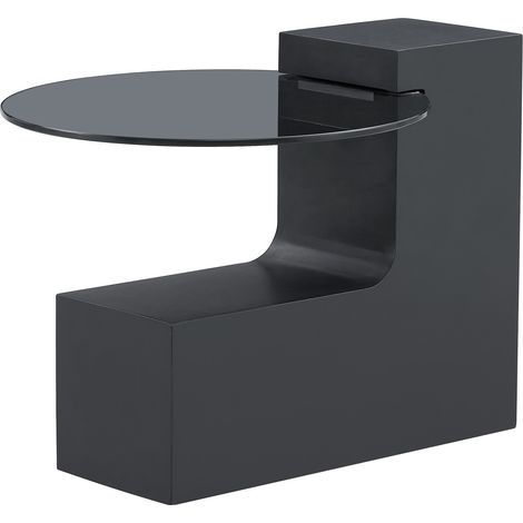 Moderner einfacher runder Beistelltisch mit zwei Ebenen-Transparente graue Glasplatte und schwarze MDF in L-Form.Weiße Marmor-Optik Tischplatte.Zerlegbares Design für eine flexiblere Raumnutzung. (1/5)
