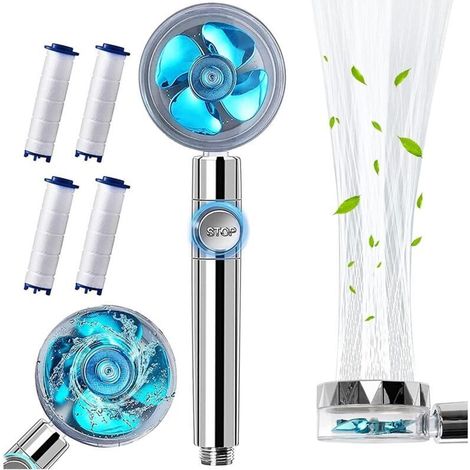 Cabezal de ducha de alta presión con tecnología Turbo Fan, rotación de 360°, botón de cierre de agua + 4 filtros incluidos – Azul