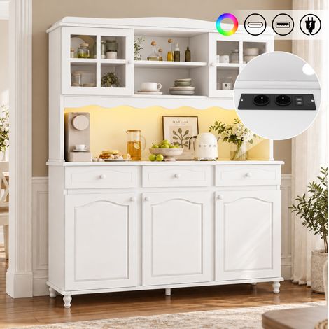 Credenza da cucina 135/40/185 cm bianca con prese, porte USB e illuminazione LED (1/5)