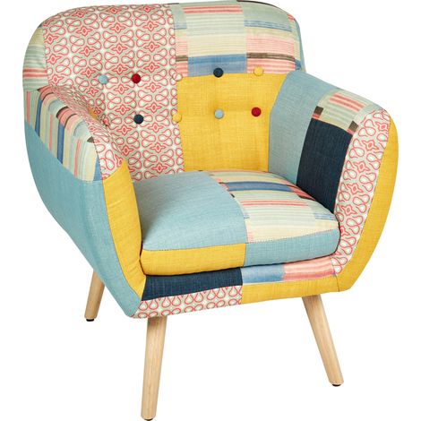 Sillón tapizado en tela diseño patchwork multicolor silla club abotonada estilo retro Melby
