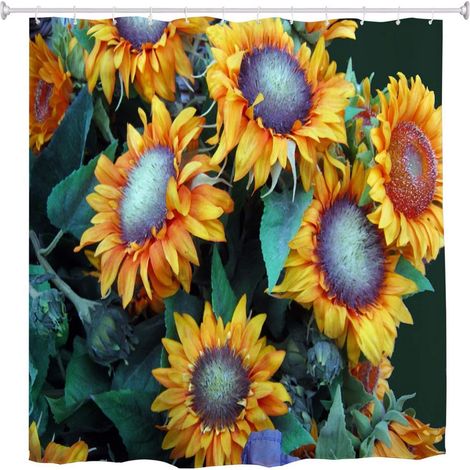 Aquarelle Fleurs De Tournesol Feuilles Vertes Floral Fond Foncé Imprimer Tissu Imperméable Rideau De Bain Rideau en Polyester Rideau De Douche avec Crochets Anneaux 180x200 cm / 72"x78" (1/3)