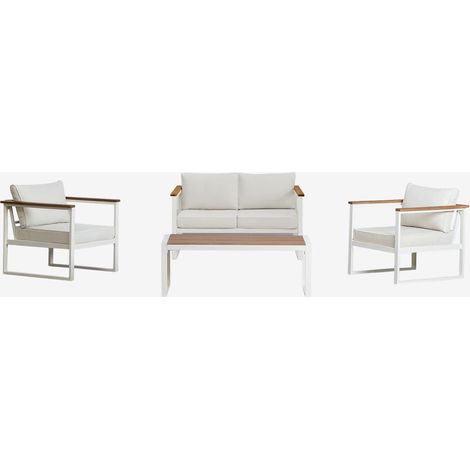 SKLUM Gartenset mit einem 2-Sitzer-Sofa, 2 Sesseln und einem Couchtisch aus Aluminium und Lipov-Akazienholz. Gardenia Weiß                                  
