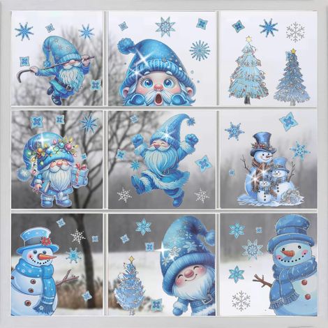 9 feuilles d'autocollants de fenêtre bleus imprimés recto-verso avec des personnages de Noël et des flocons de neige, autocollants en PVC pour décorations de Noël
