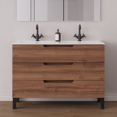 Meuble de salle de bain 120cm double vasque - 3 tiroirs - sans miroir - noyer (bois foncé) - RIZA (1/5)