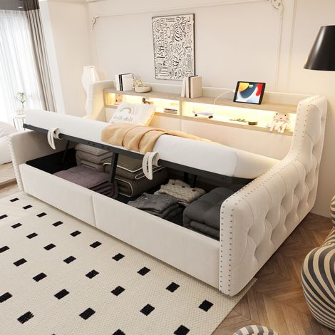 Cama abatible tapizada 90 x 200 cm con LED, enchufe y USB/Tipo C, beige HAVRYA (1/5)