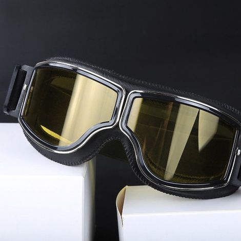 Motorradbrille im Retro-Fliegerstil, Leder, für Cruiser, Roller und Offroad-Motorräder, Unisex, Schwarz (1/4)