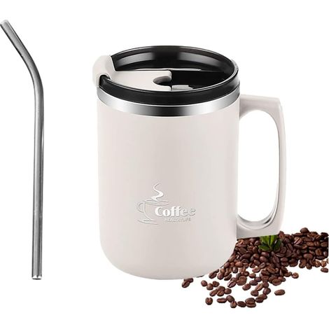 Tasse à café 15 OZ avec poignée,Tasse de voyage à double paroi sous vide,Tasse à café avec couvercle et paille,Tasse en acier inoxydable réutilisable,pour la maison,le bureau,le camping(Blanc) (1/5)