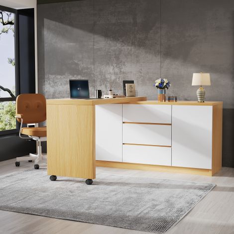 Scrivania con ruote bloccabili – design multifunzionale, spessore 4 cm, piano girevole, bloccabile, bianco/rovere, scrivania pieghevole, scrivania angolare, credenza, materiale spesso (1/5)