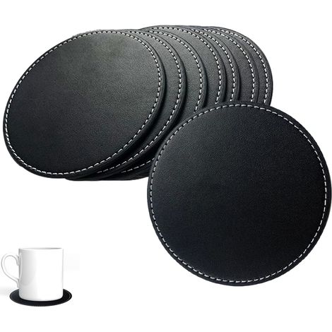 Sous-Verre Ronde - Cuir Synthétique PU Résistant à la Chaleur et Antidérapant - 10 cm de Diamètre - Noir - Lot de 8