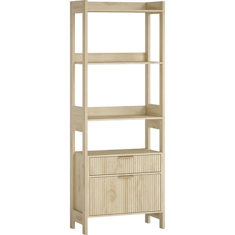 Bibliothèque haute, rangement à 4 tablettes ouvertes et 2 tiroirs cannelés, 60 x 30 x 160 cm, bois naturel (1/5)