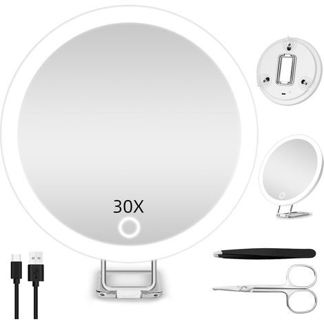 Miroir grossissant 30X avec éclairage, 3 Couleurs d'éclairage, Miroir de Maquillage Lumineux Rechargeable de 15 cm, Miroir de Voyage Portable grossissant 30X pour Les travaux de précision (1/5)