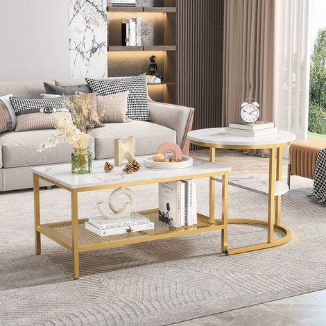 Moderner Couchtisch aus Marmor und goldfarbenem Metall - Modell 240401PH, Beistelltisch, H51 cm