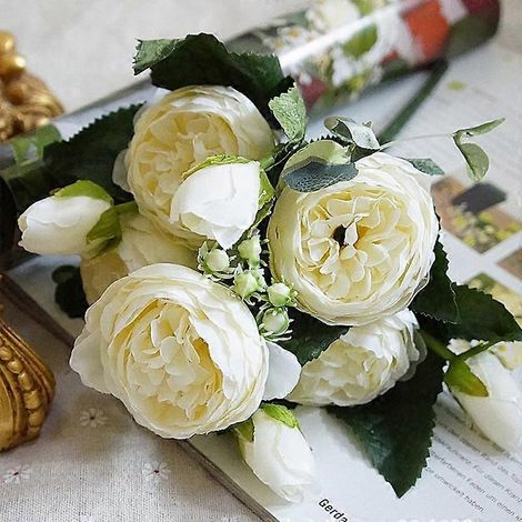 Bouquet de 5 pivoines artificielles en soie pour la décoration de mariage et d'intérieurblanc (1/5)