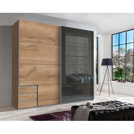 Pegane – Armoire à portes coulissantes imitation chêne poutre – 2 portes – L225 x H210 x P65 cm – Panneaux de particules mélaminés (1/2)