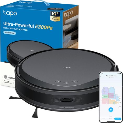 Tapo RV20 MAX Robot Aspirapolvere Lavapavimenti con Mappatura, Aspirazione 5300Pa, Navigazione LiDAR MagSlim, Zone No-Go e Muri Virtuali, Design Ultra Compatto 83mm, Controllo APP&Alexa (1/5)