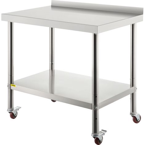 VEVOR Table de preparation en acier inoxydable, 76,2 x 61 x 89 cm, table de travail en metal robuste avec dosseret reglable sous etagere et 4 roulettes, 200 kg, plan commercial pour cuisine restaurant
