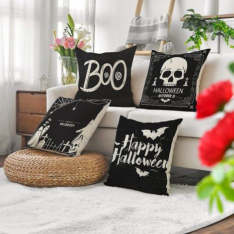 Ensemble de taies d'oreiller décoratives en lin imprimé à motif de crâne d'Halloween pour chambre, salon et maison (45x45cm) (1/4)