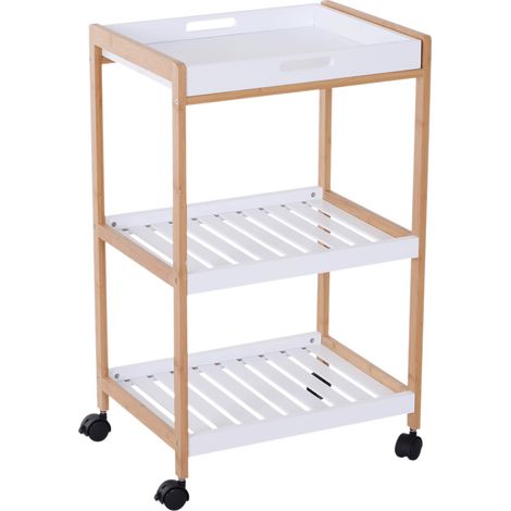 Chariot de service desserte de cuisine à roulettes 2 étagères + plateau amovible bois de pin MDF blanc