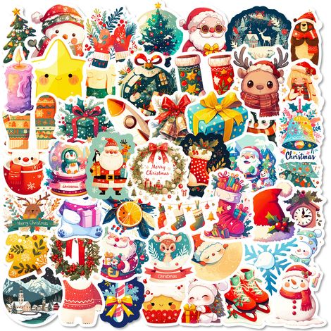 50 weihnachtliche Cartoon-Sticker: Weihnachtsmannmützen & Rentiere – DIY-Deko-Sticker für Notizbücher, Kühlschränke, Koffer – wasserfeste Weihnachtsgeschenke