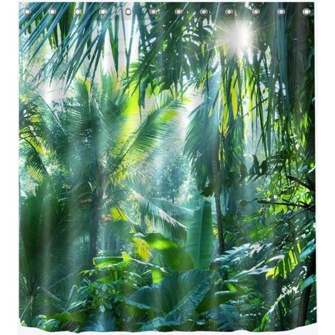 Rideau de Douche Tropical Jungle Plant Rideaux De Salle De Bains Étanche Anti-Moule Vert Feuilles Motif Polyester Tissu Décor À La