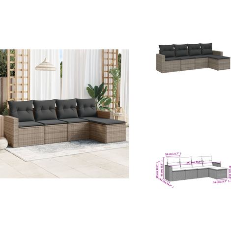 Salon de jardin 5 pcs avec coussins gris résine tressée - Ensemble Salon De Jardin - Canapé Extérieur - Mobilier De Jardin - Résine Tressée - Fauteuil Jardin (1/3)