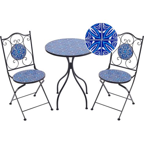 Ensemble de Balcon Vintage en Métal Table et Chaises Extérieur Cadre en Fer Mosaïque Bleu Noir Cigliano