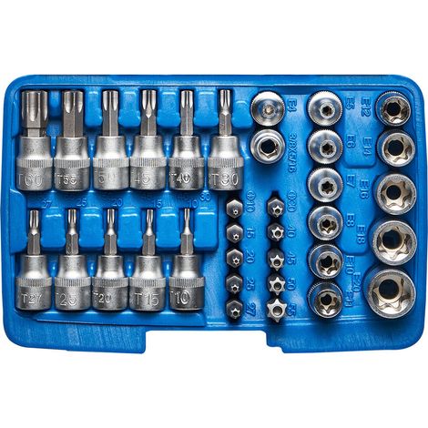 Kraftplus – Coffret cliquet et douilles 34 pcs – Douilles étoiles T-Profil et E-Profil – Entraînement 10 mm – Chrome vanadium – Coffret robuste