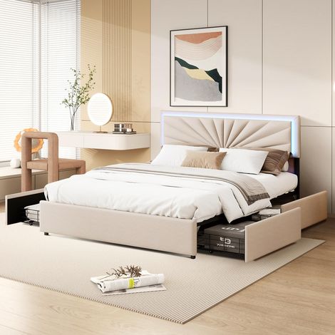 Polsterbett 160 x 200 cm, gepolstertes Doppelbett mit 4 Schubladen, LED-Kopfteil, Lattenrost und Metallrahmen, Bett mit Staufach, Leinen, Beige