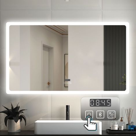 LED Badezimmer Spiegel mit Uhr Bluetooth Beschlagfrei Badspiegel mit Speicherfunktion Warm/Neutral/Kaltweiß Dimmbar CE IP44 140x80cm (1/5)