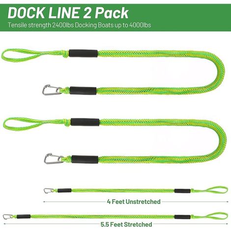 Ligne d'amarrage élastique pour bateau avec clip en acier inoxydable pour bateau, kayak, ponton, canoë (vert-2) (1/4)