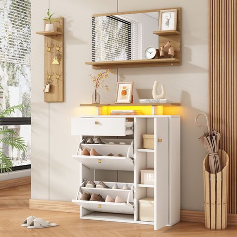 Mueble de entrada de 3 piezas con espejo, 4 ganchos y LED, blanco y madera HAVRYA (1/5)