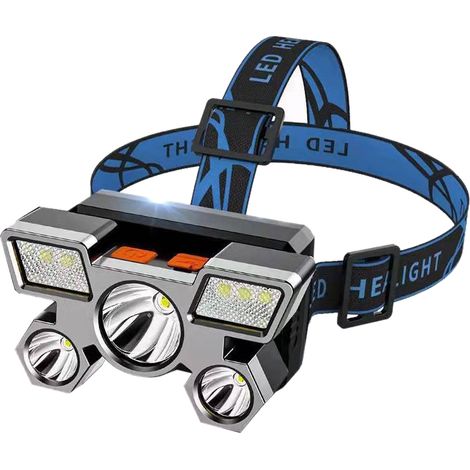 Wiederaufladbare ABS-Stirnlampe mit USB-Anschluss, leistungsstarke Fernlichtleuchte für Camping, Nachtwanderungen und Nachtangeln, grau, 5 Lichtquellen (1/5)