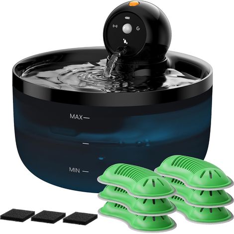 Fontaine Eau Chat sans Fil: Fontaine Chat Detecteur Mouvement - Fontaines a Eau pour Chats Rechargeable - Distributeur Eaus Chats Batterie - Distributeur Chien Automatique - 6 Filtres + 3 éponges (1/5)